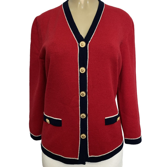 St. John Sweaters - St John Santana Knit Jacket Cardigan Blazer Sweater Long Sleeve Button Red M